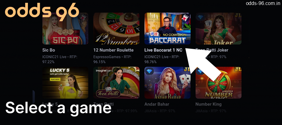 Choose a game from the Odds96 Live Lobby